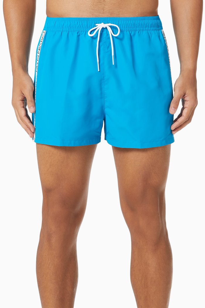 

Short Drawstring Logo Tape Swim Shorts in Recycled Polyester, Blue
