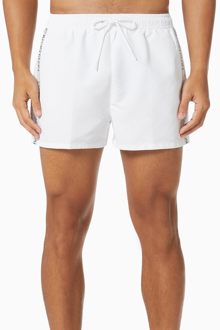 Short Drawstring Logo Tape Swim Shorts in Recycled Polyester, White