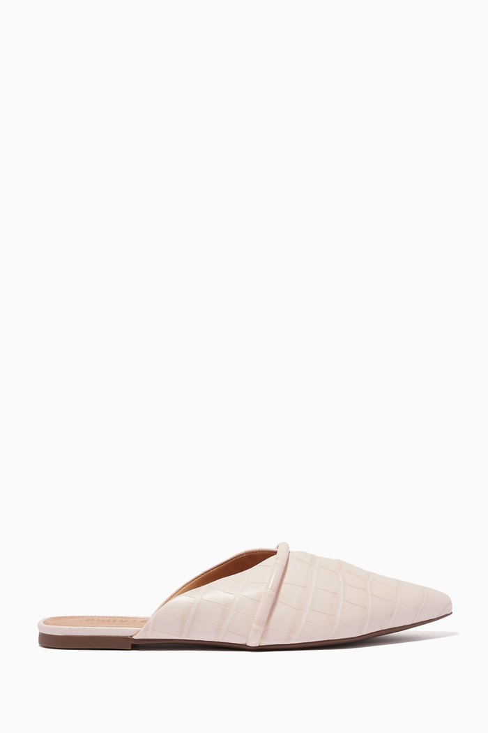 

Anuva Flat Mule Slides in Croc-embossed Leather, Pink