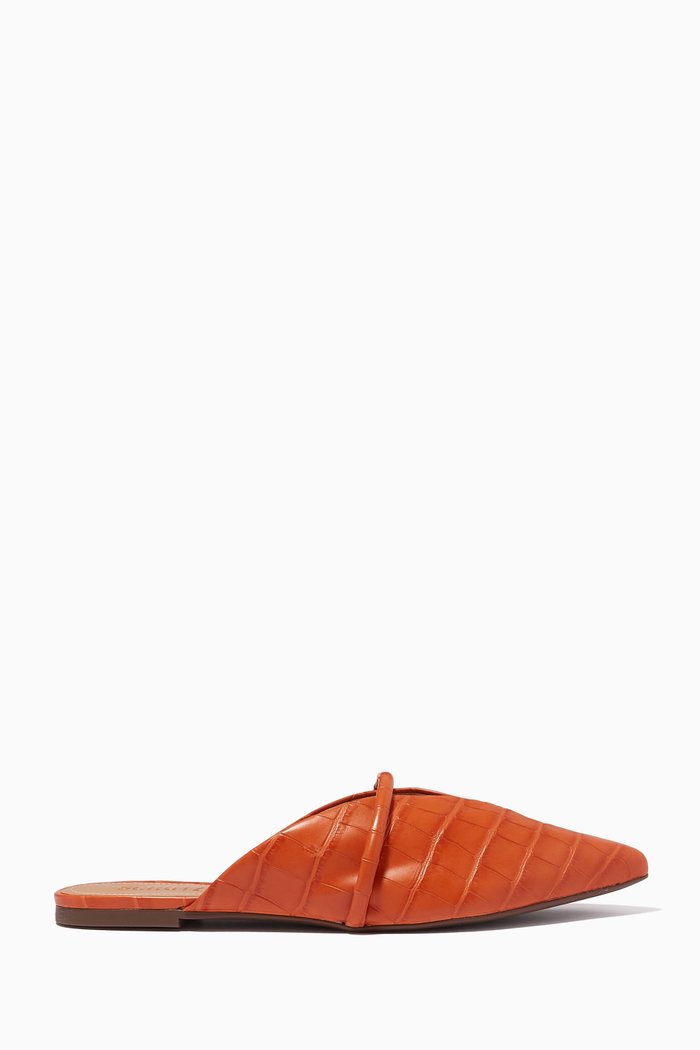 Anuva Flat Mule Slides in Croc-embossed Leather, Brown
