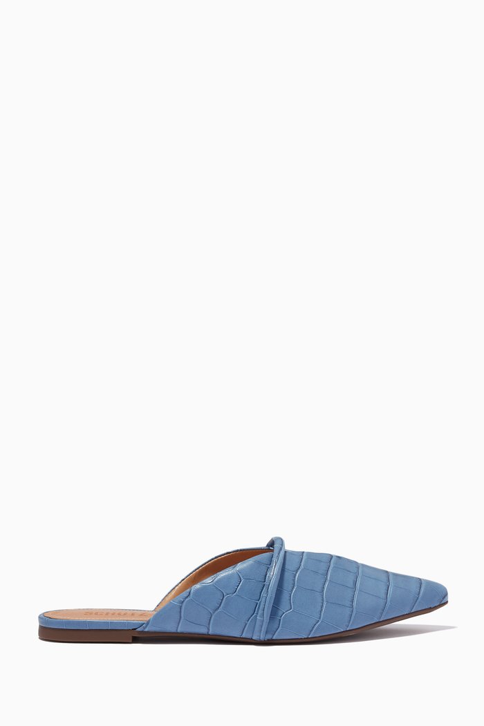 

Anuva Flat Mule Slides in Croc-embossed Leather, Blue