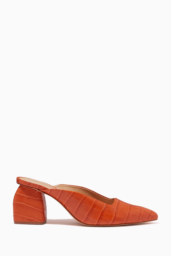 

Cecilia Mule Sandals in Croc-embossed Leather, Brown