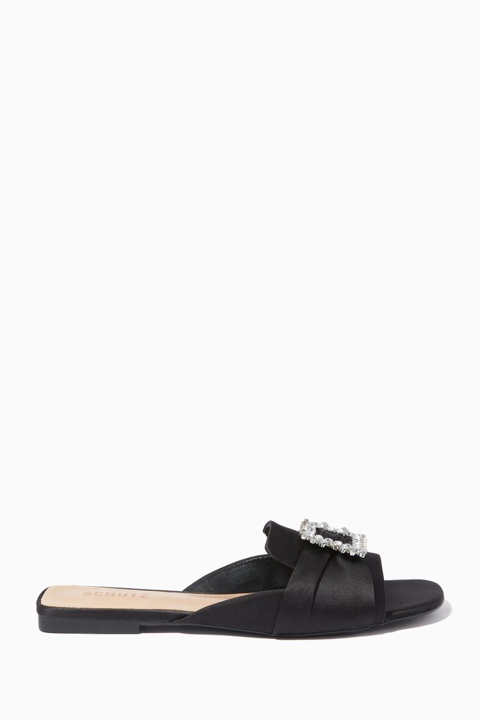 

Glam Embellished Slide Sandals in Satin, Black