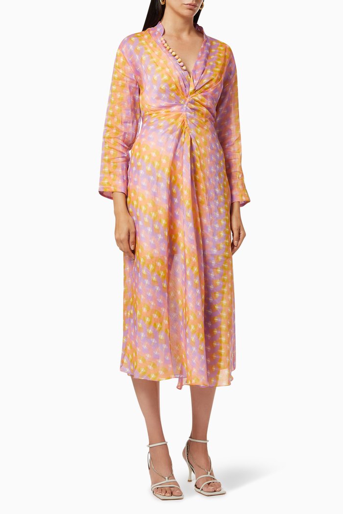 Printed Midi Dress in Linen Silk, Purple