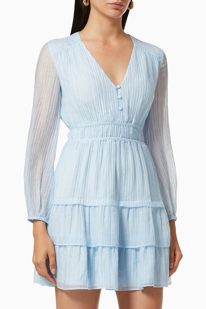 Crinkle-effect Voile Dress with Ruffles, Blue