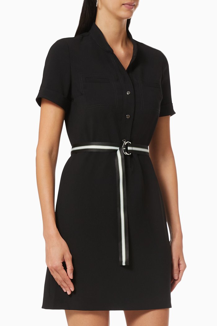 

Shirt Dress with Stripe Belt, Black