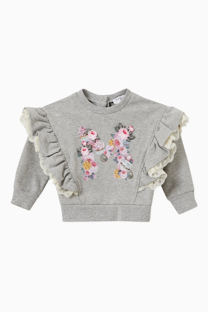 

Floral Ruffle Sweatshirt in Stretch Jersey, Grey