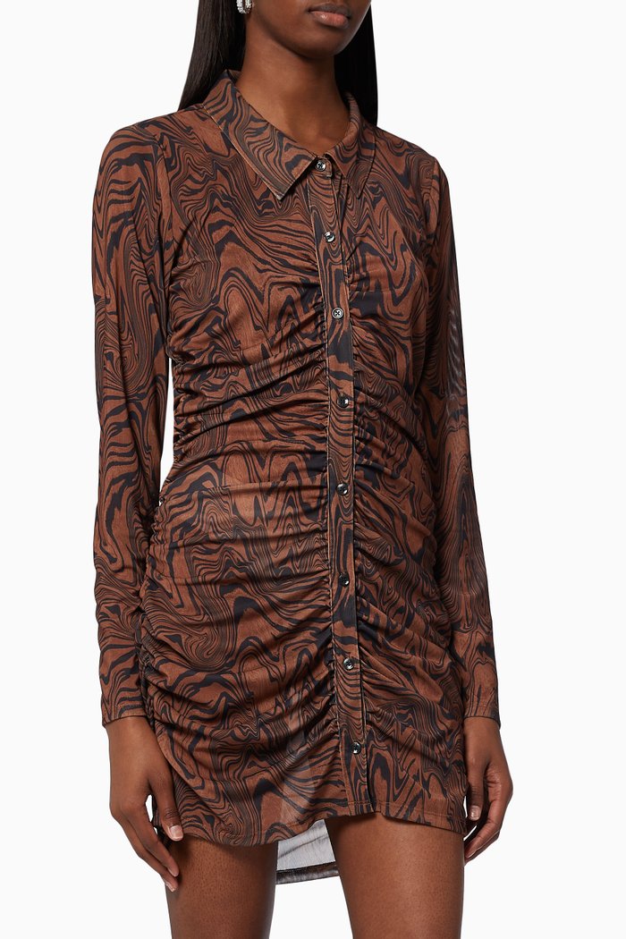 

Mesh Ruched Button Up Dress, Brown