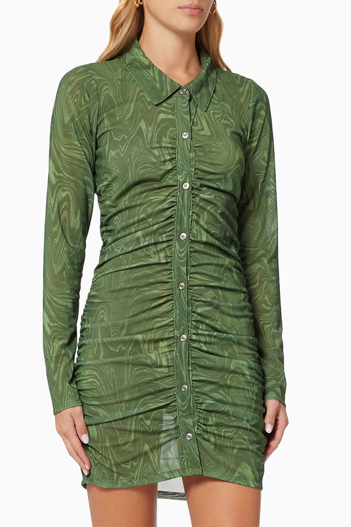 

Mesh Ruched Button Up Dress, Green