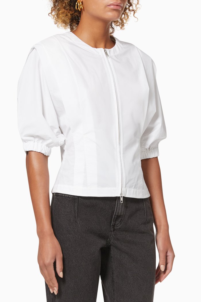

Puff Sleeve Zip-up Top in Cotton Poplin, White
