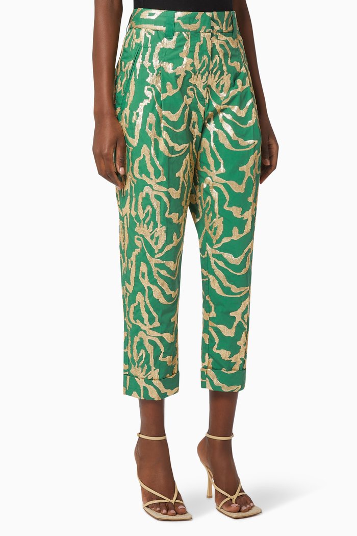 

Tapered Pants with Abstract Animal Sequin Embroidery, Green