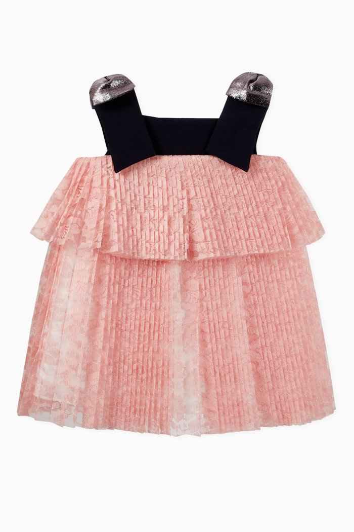 

Tiered Pleated Trapeze Dress in Lace, Pink