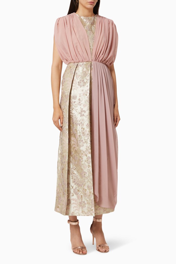 

Two-Tone Draped Dress in Metallic Jacquard, Pink
