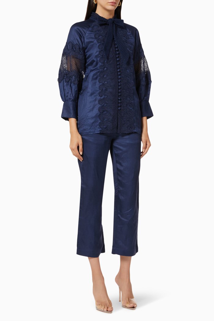 Lace Blouse & Pants Set, Blue