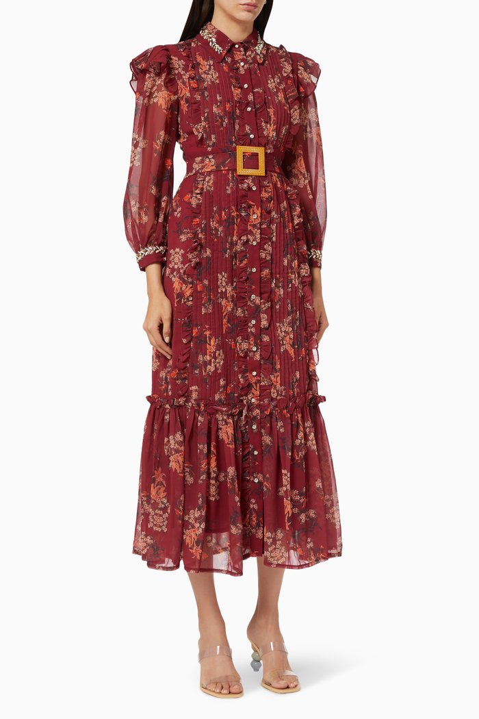 

Floral Shirt Dress with Belt, Red
