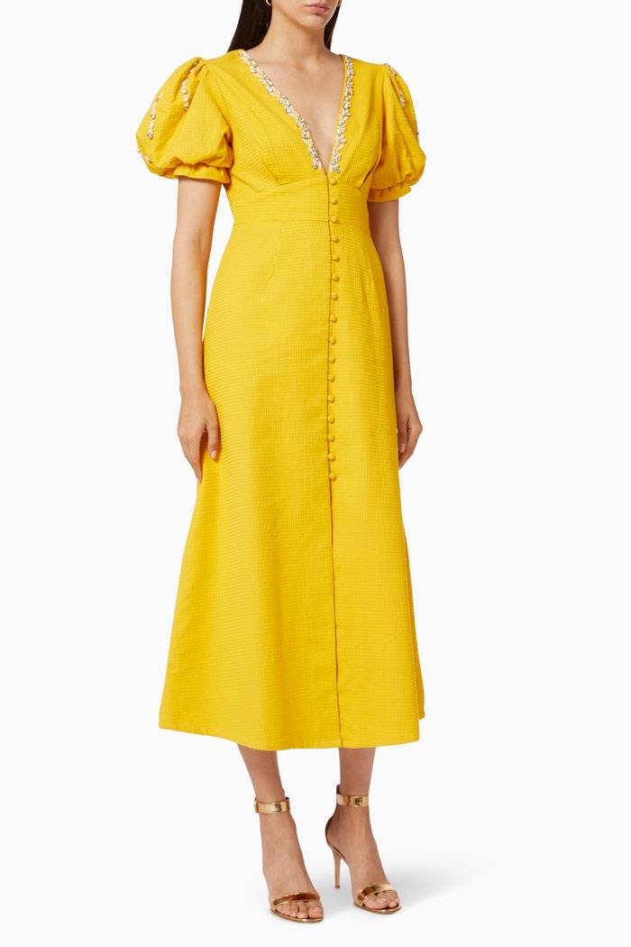 

Puff Dress with Floral Embroidery, Yellow