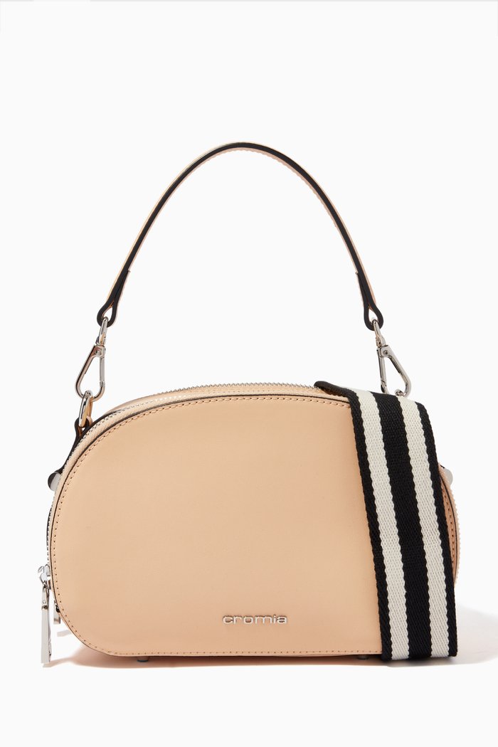 Perla Oval Bag in Calfskin Leather, Neutral