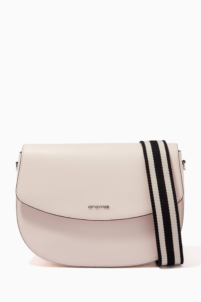 Perla Flap Crossbody Bag in Calfskin Leather, Neutral