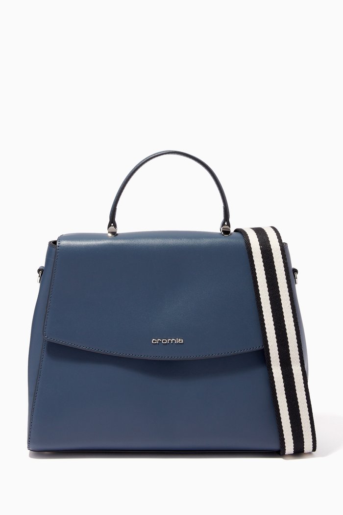 

Perla Satchel Bag in Calfskin Leather, Blue