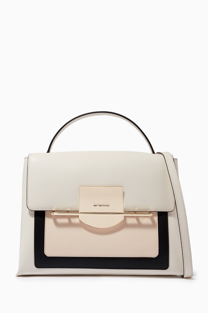 Romy Medium Handbag in Calfskin Leather, Neutral