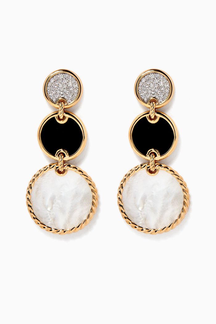 

DY Elements® Pavé Diamonds, Black Onyx and Mother of Pearl Triple Drop Earrings in 18kt Yellow Gold