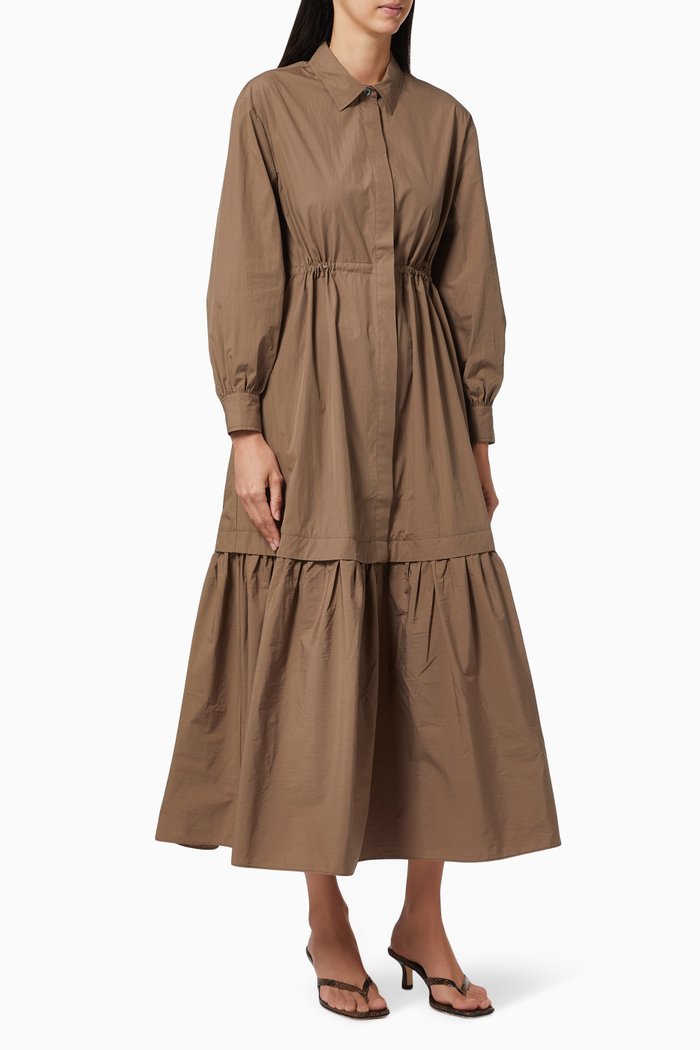 Long Sleeve Tiered Dress in Cotton, Brown