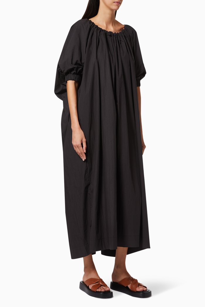 

Ruched Sleeve Tie Dress in Cotton, Black