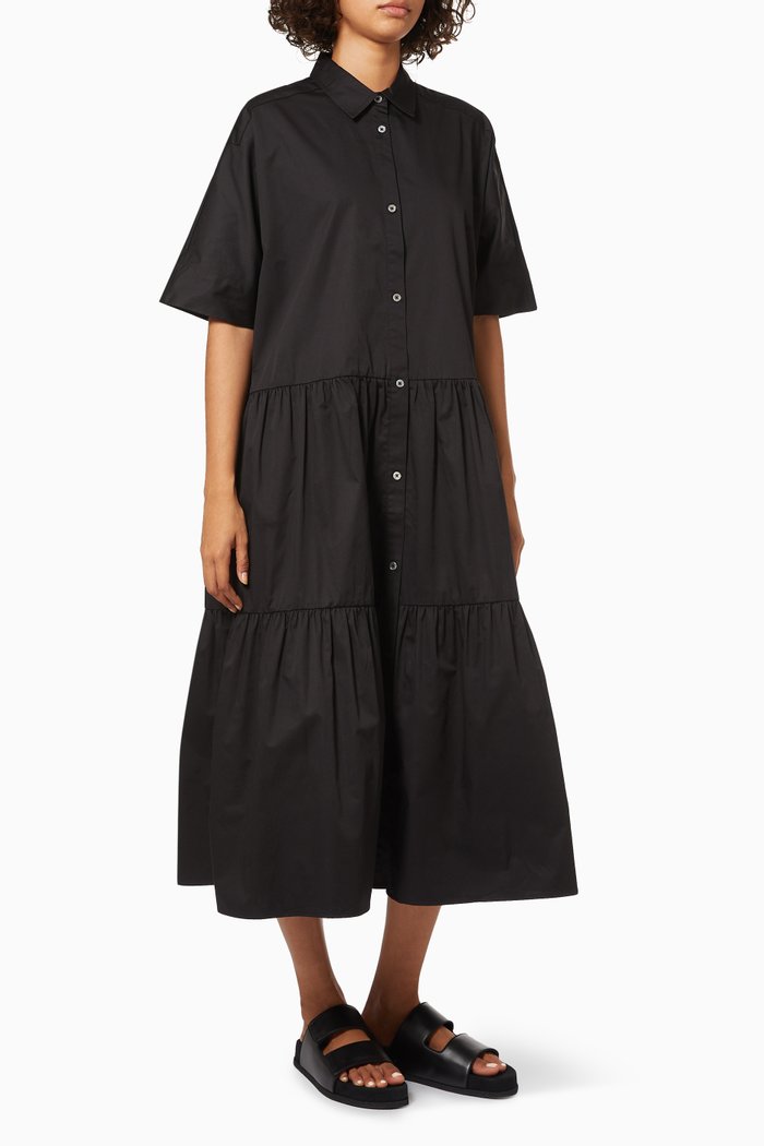 

Short Sleeve Tiered Dress in Cotton Poplin, Black
