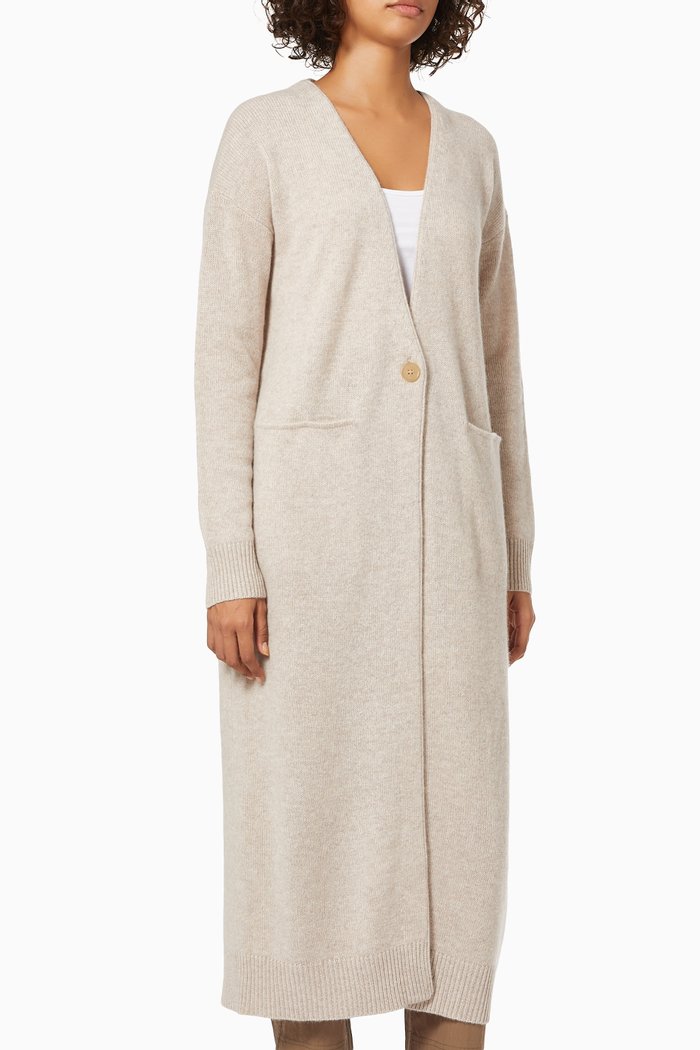 

Long Button Front Cardigan In Cashmere, Neutral
