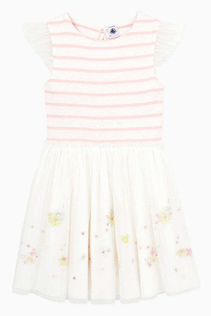 

Formal Stripes Dress in Cotton and Tulle, White
