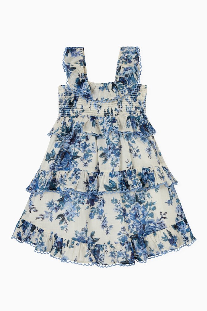 

Aliane Ruffle Tiered Dress in Cotton, Blue