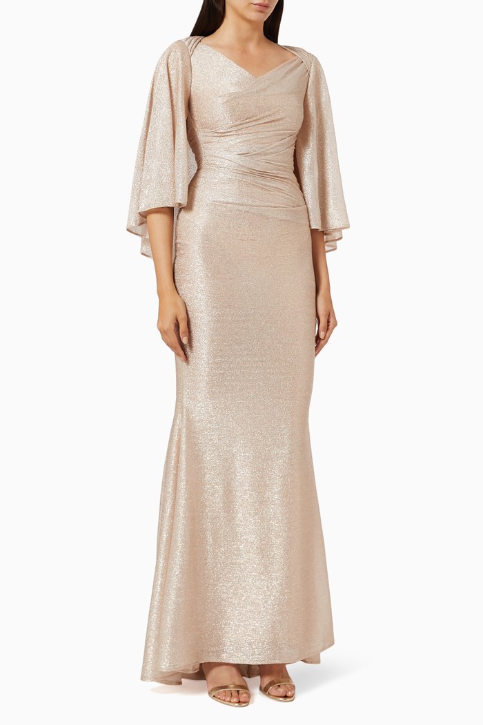 

Cape Mermaid Gown in Metallic Voile, Rose gold