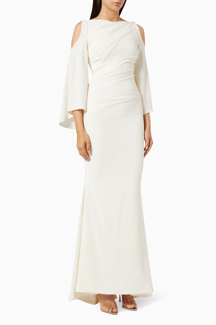 

Cold Shoulder Draped Gown in Crepe, Neutral