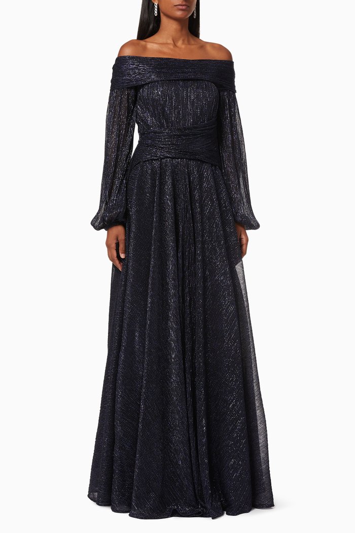 

Metallic Off Shoulder Gown with Pleats, Blue