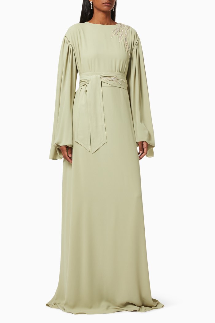 

Belted Dress with Floral Embroidery, Green