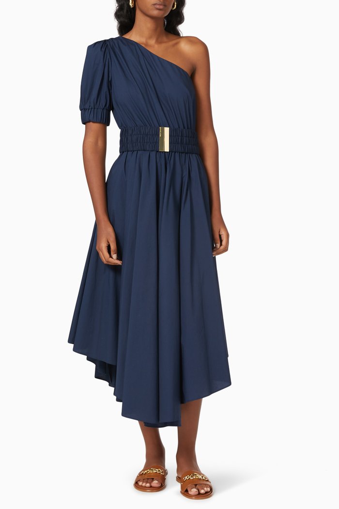 

One-shoulder Asymmetrical Midi Dress in Cotton, Blue