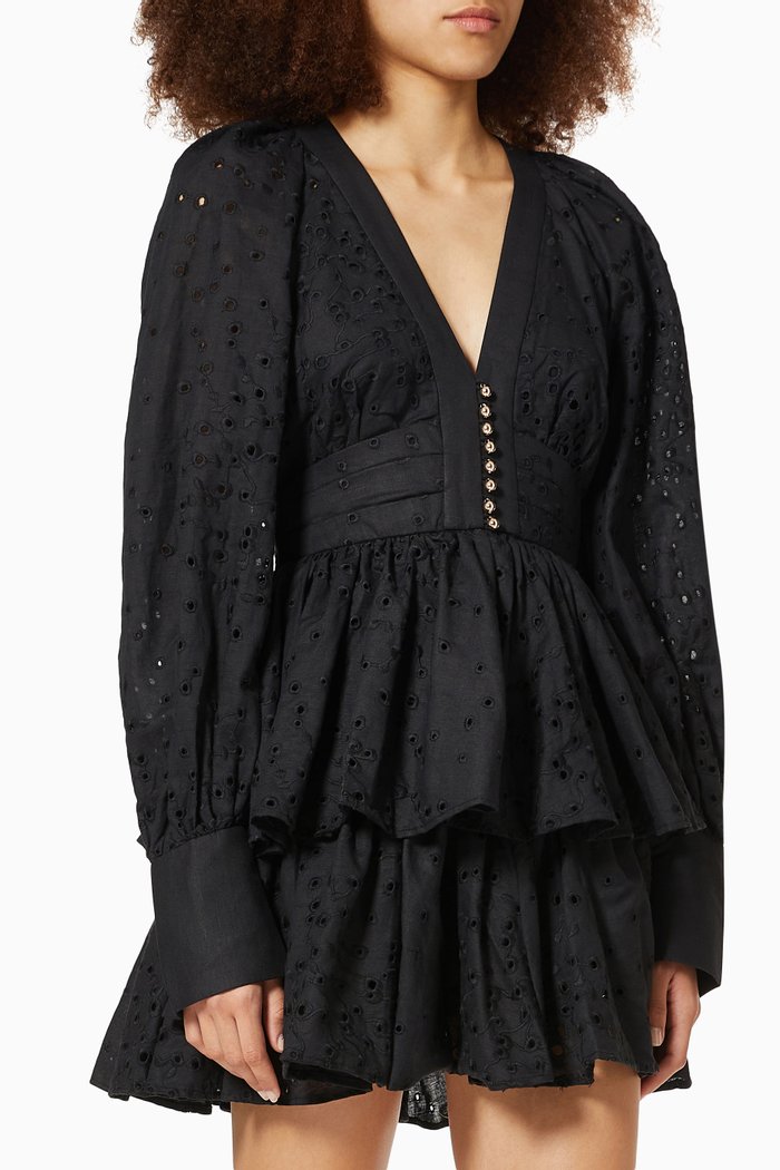 

Amelia Dress in Embroidered Linen, Black