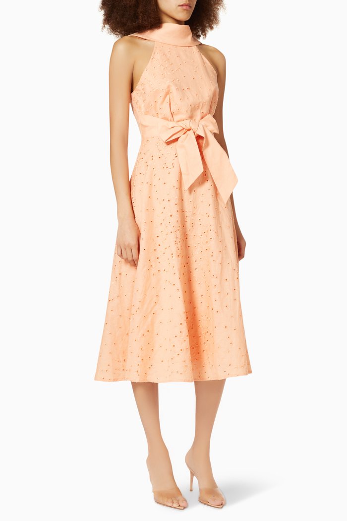Amber Dress in Embroidered Linen, Orange
