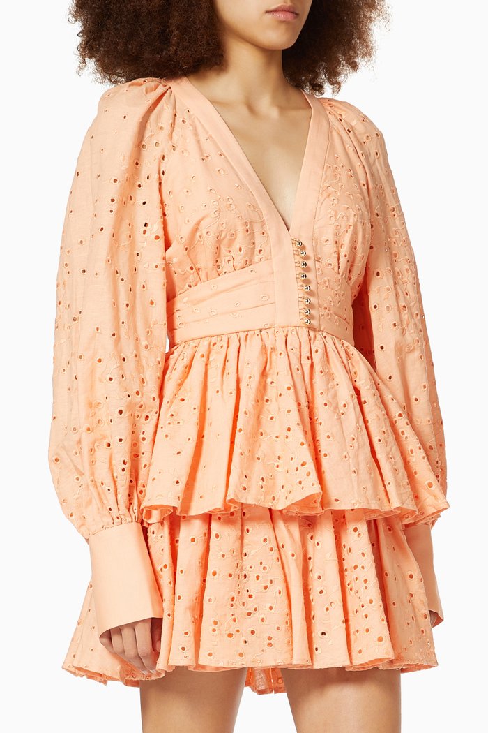 

Amelia Dress in Embroidered Linen, Orange