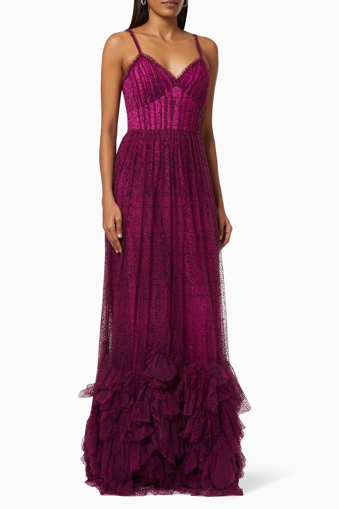 

Flocked Polka Dot Gown in Textured Tulle, Purple