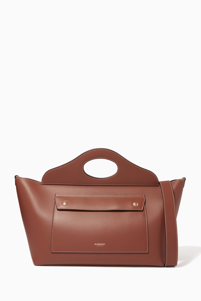 

Small Pocket Tote Bag in Topstitched Leather, Brown