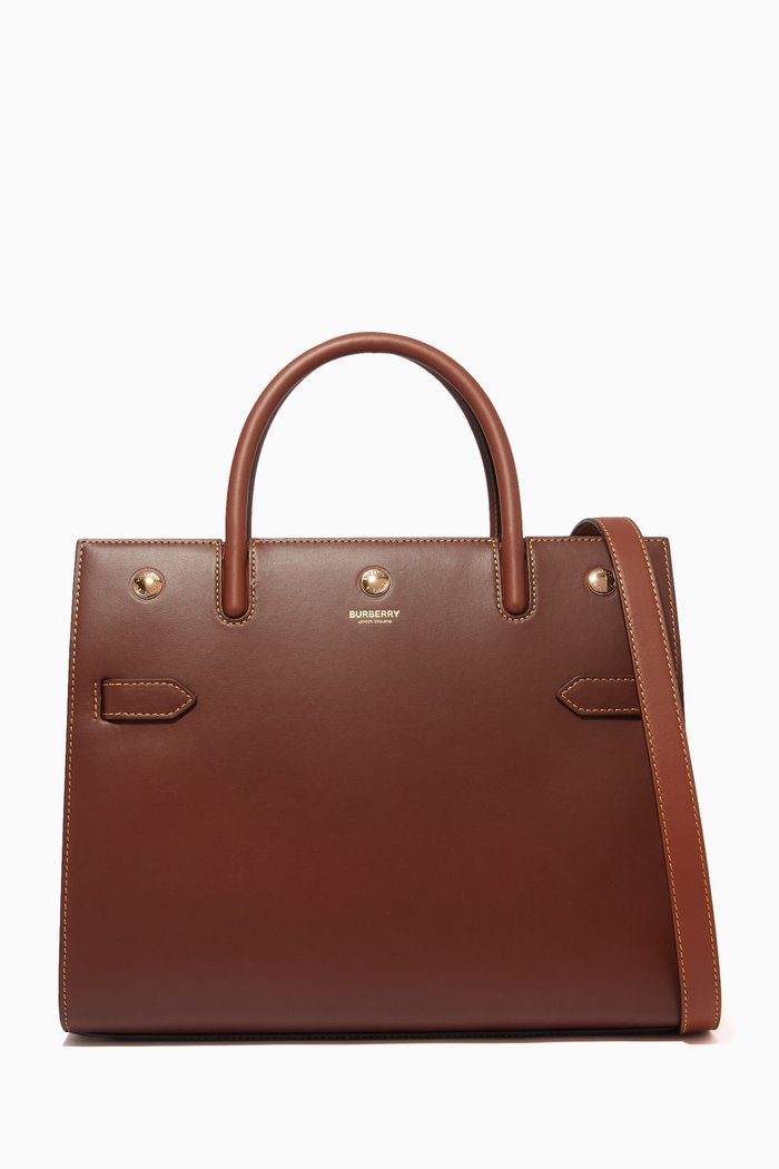 

Small Two-Handle Title Bag in Grainy Leather, Brown
