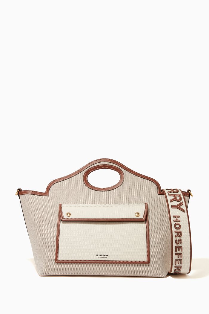 

Small Soft Pocket Tote Bag in Canvas & Leather, Brown