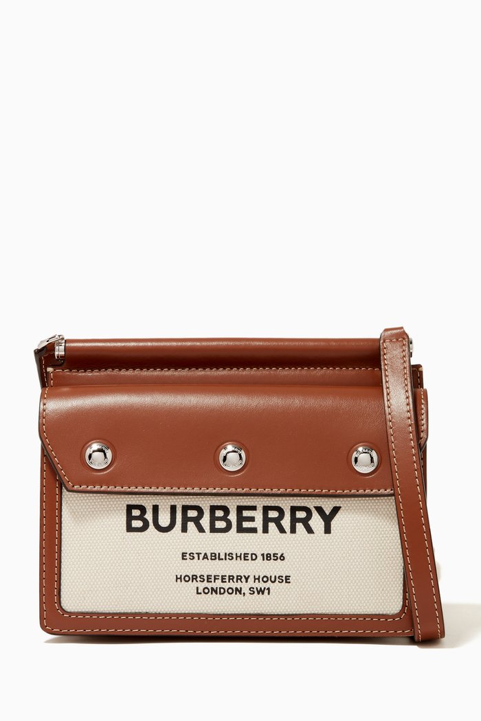 

Mini Pocket Title Crossbody Bag in Canvas & Leather, Brown