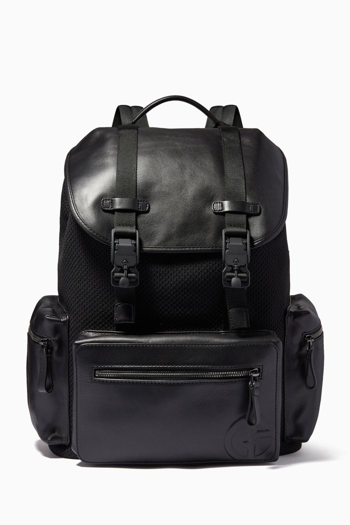 

GA Logo Embossed Backpack in Faux Leather & Knit Mesh, Black