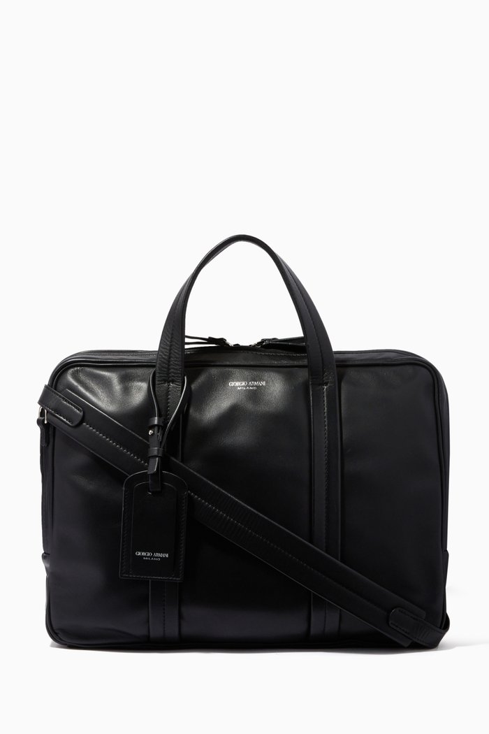 

EA Logo Laptop Bag in Smooth Leather, Black