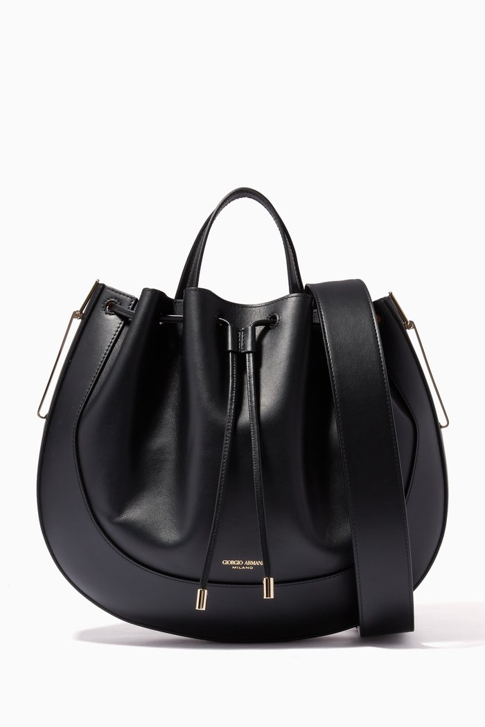 

Drawstring Hobo Bag in Leather, Black