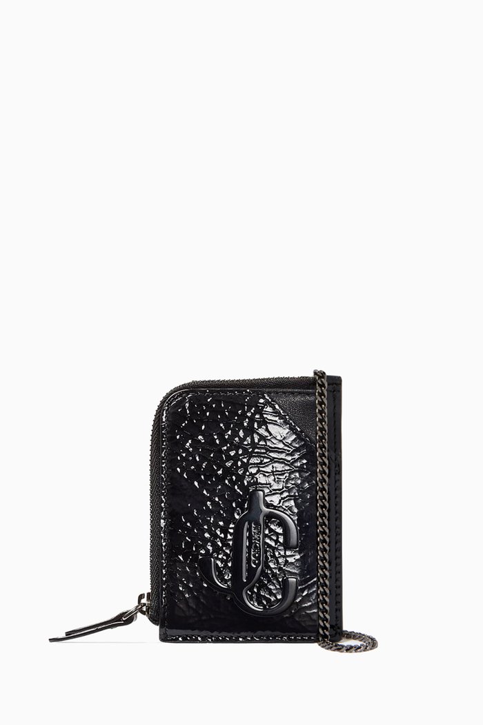 

JC Chain Cardholder in Patent Textured Leather, Black