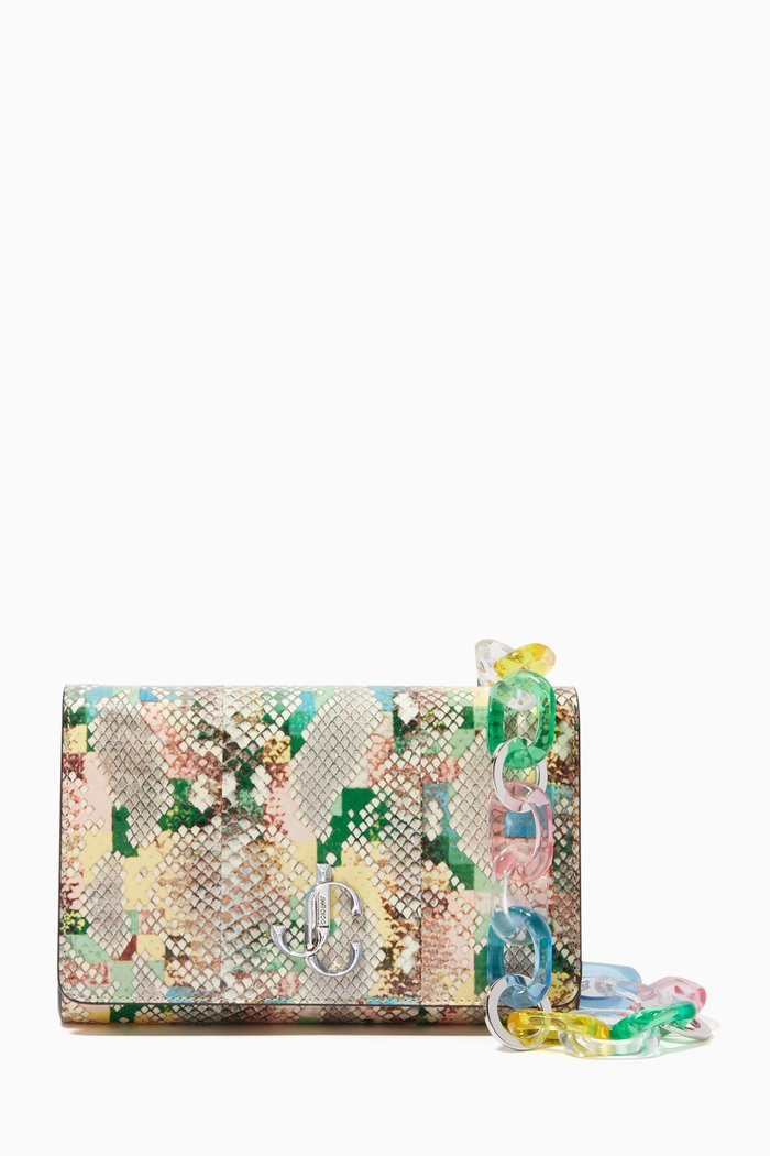 

Varenne Clutch Bag with Plexi Chain in Glossy Rainbow Elaphe, Multicolour