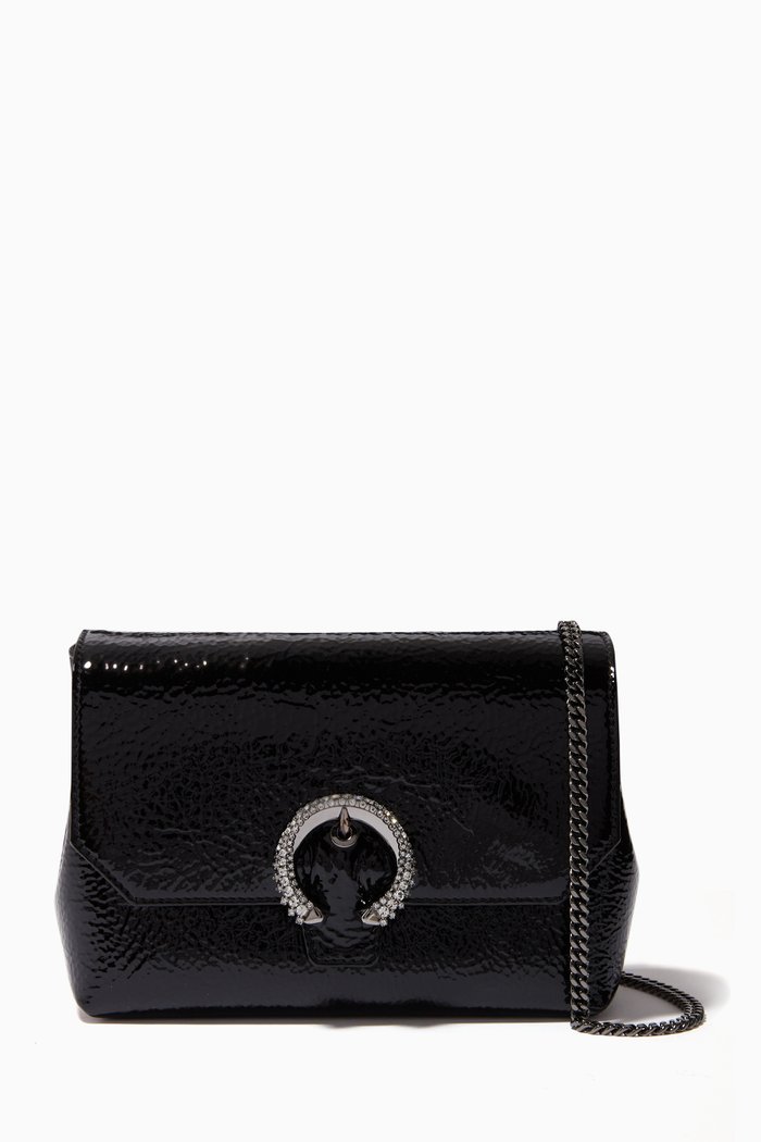

Soft Madeline Mini Bag with Crystal Buckle in Patent Textured Leather, Black
